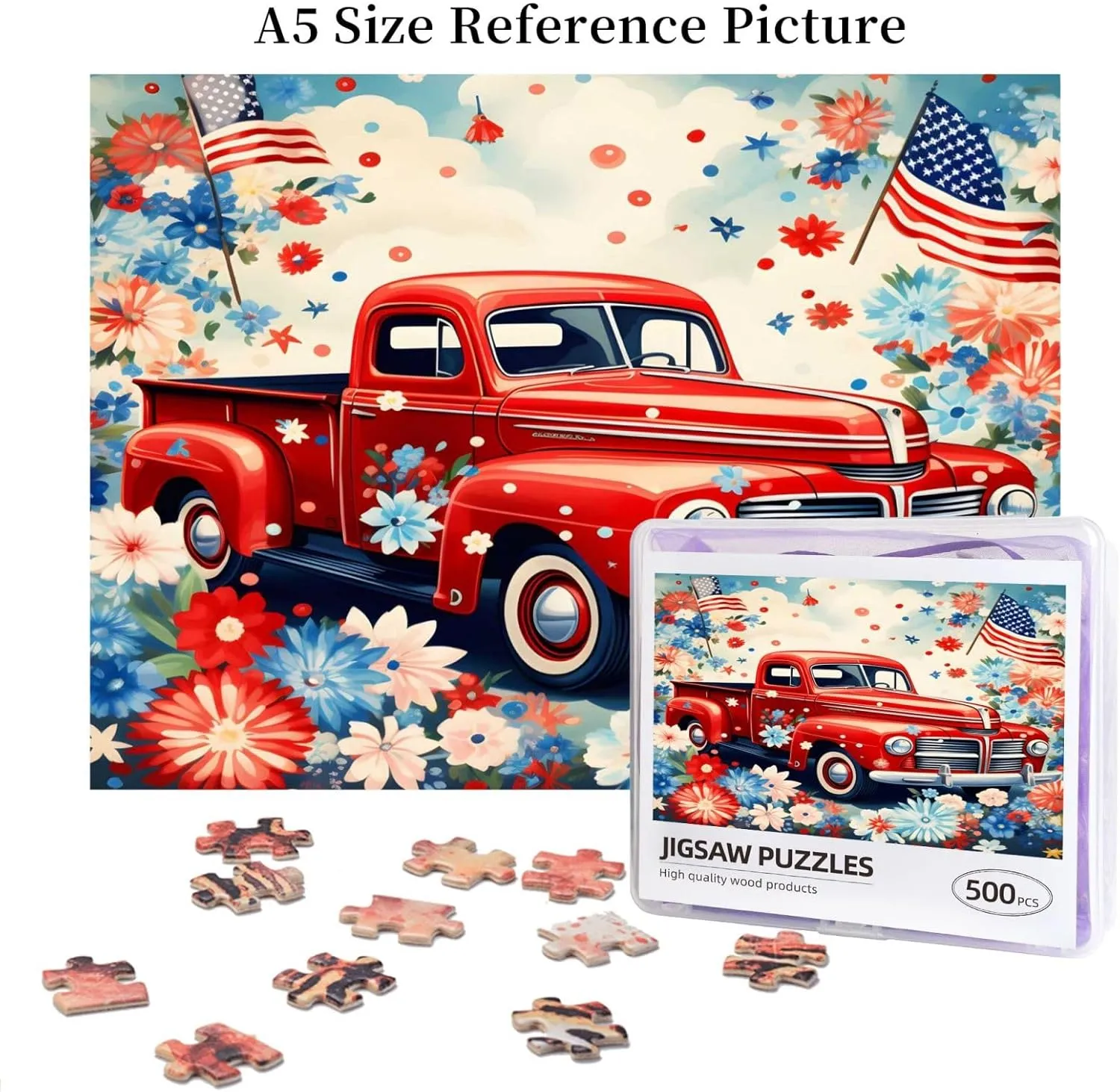 Wooden Jigsaw Puzzles 500 Pieces Patriot USA Flag Floral Car Puzzle Leisure for Adults Jigsaw Challenging Creative Educational Intellectual Decompressing Family Games Toy Gift