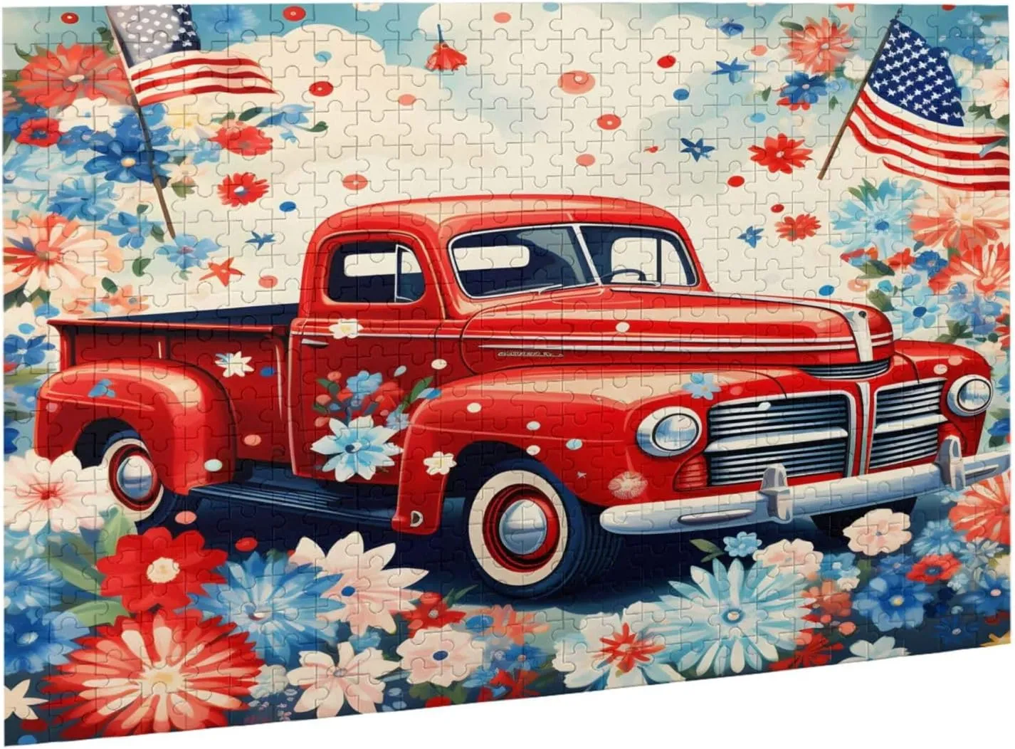 Wooden Jigsaw Puzzles 500 Pieces Patriot USA Flag Floral Car Puzzle Leisure for Adults Jigsaw Challenging Creative Educational Intellectual Decompressing Family Games Toy Gift