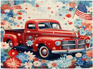 Wooden Jigsaw Puzzles 500 Pieces Patriot USA Flag Floral Car Puzzle Leisure for Adults Jigsaw Challenging Creative Educational Intellectual Decompressing Family Games Toy Gift