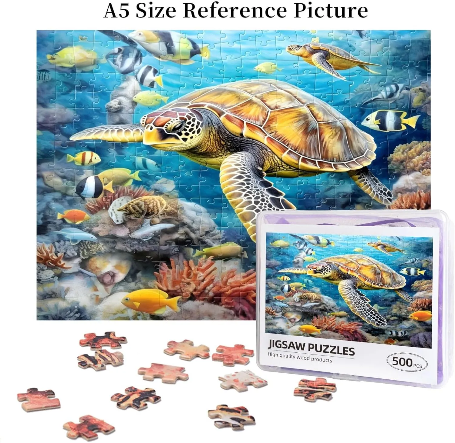 Wooden Jigsaw Puzzles 500 Pieces Sea Turtles Fish Underwater Puzzle Leisure for Adults Jigsaw Challenging Creative Educational Intellectual Decompressing Family Games Toy Gift