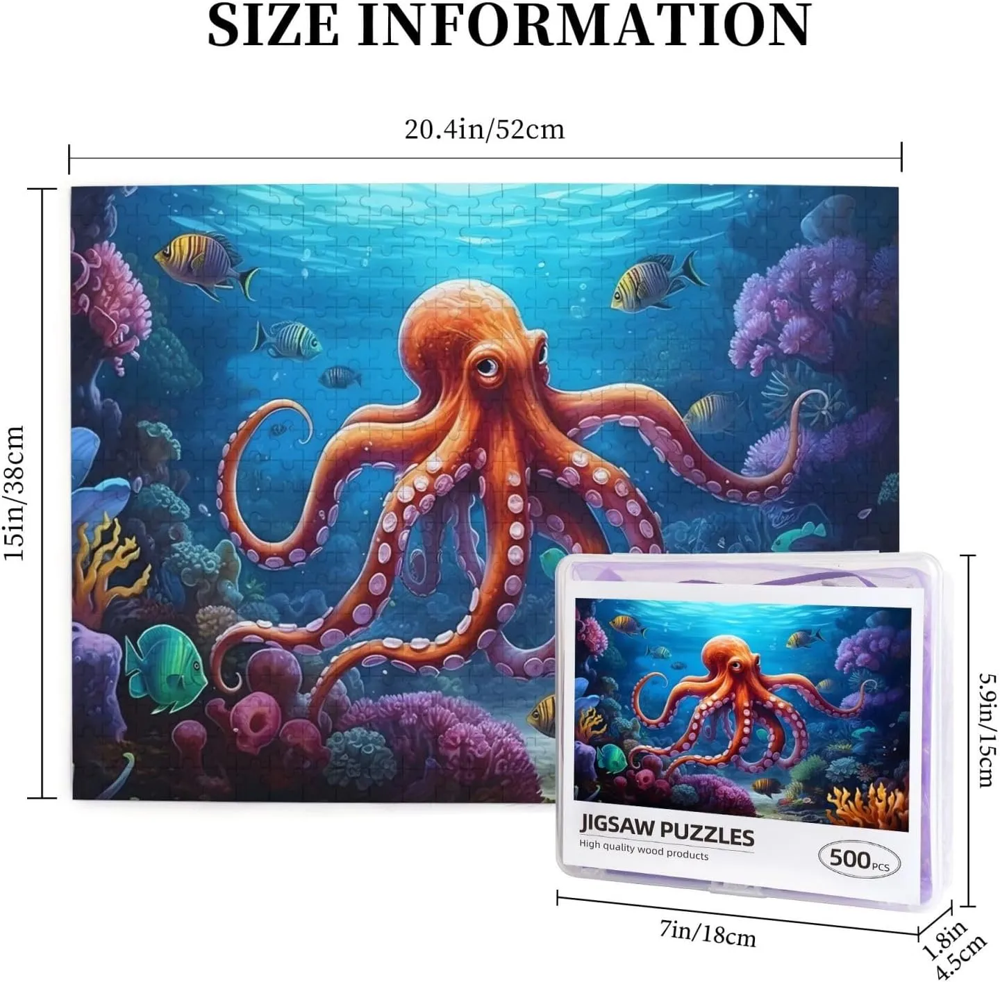 Wooden Jigsaw Puzzles 500 Pieces Underwater Fish Sea Octopus Puzzle Leisure for Adults Jigsaw Challenging Creative Educational Intellectual Decompressing Family Games Toy Gift