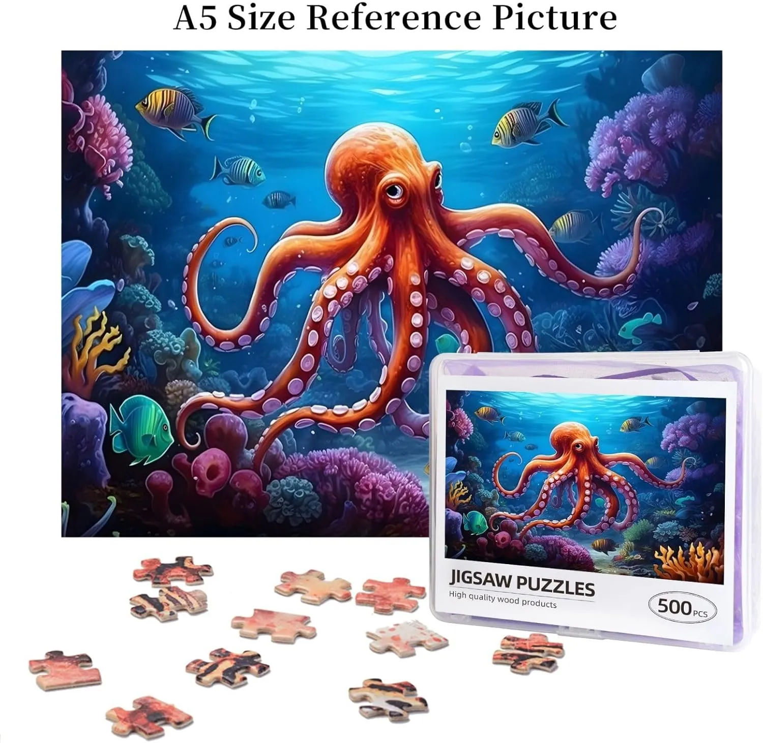 Wooden Jigsaw Puzzles 500 Pieces Underwater Fish Sea Octopus Puzzle Leisure for Adults Jigsaw Challenging Creative Educational Intellectual Decompressing Family Games Toy Gift
