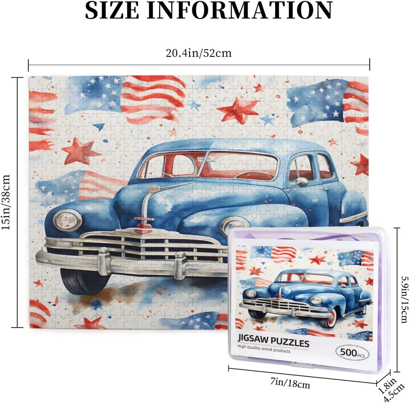 Wooden Jigsaw Puzzles 500 Pieces USA Flag Independense Day Car Puzzle Leisure for Adults Jigsaw Challenging Creative Educational Intellectual Decompressing Family Games Toy Gift
