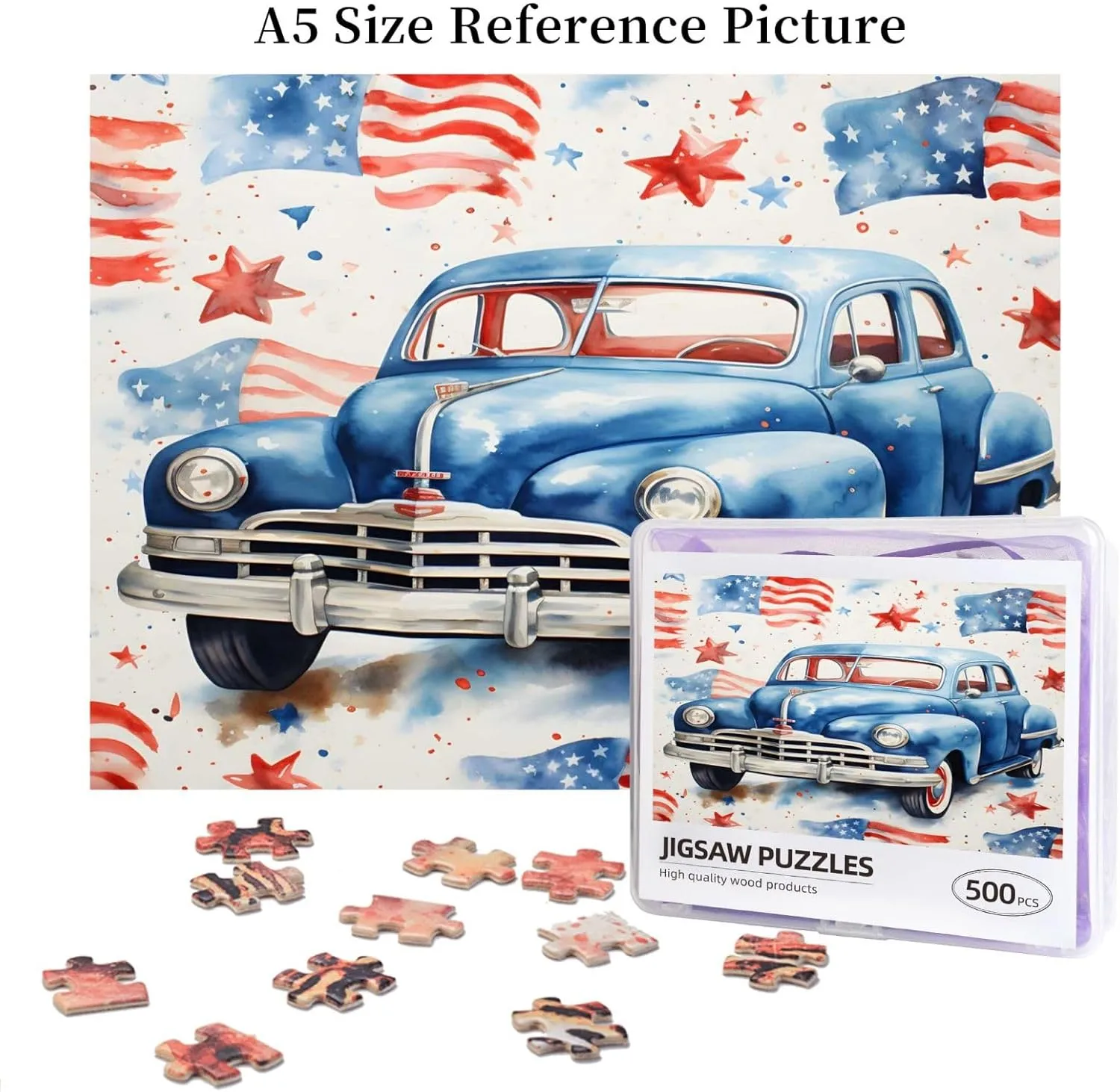 Wooden Jigsaw Puzzles 500 Pieces USA Flag Independense Day Car Puzzle Leisure for Adults Jigsaw Challenging Creative Educational Intellectual Decompressing Family Games Toy Gift