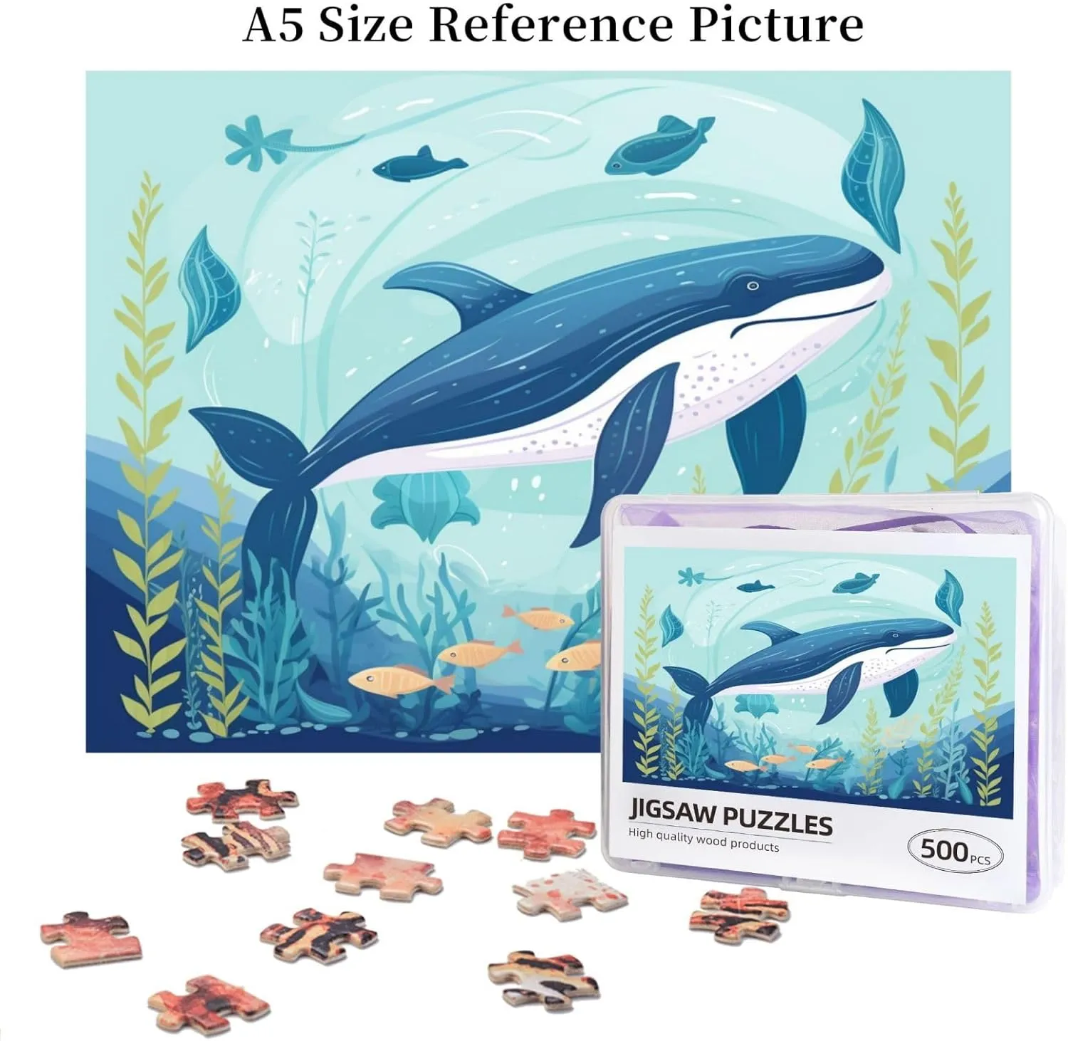 Wooden Jigsaw Puzzles 500 Pieces Whale Sea Fishes Animal Puzzle Leisure for Adults Jigsaw Challenging Creative Educational Intellectual Decompressing Family Games Toy Gift