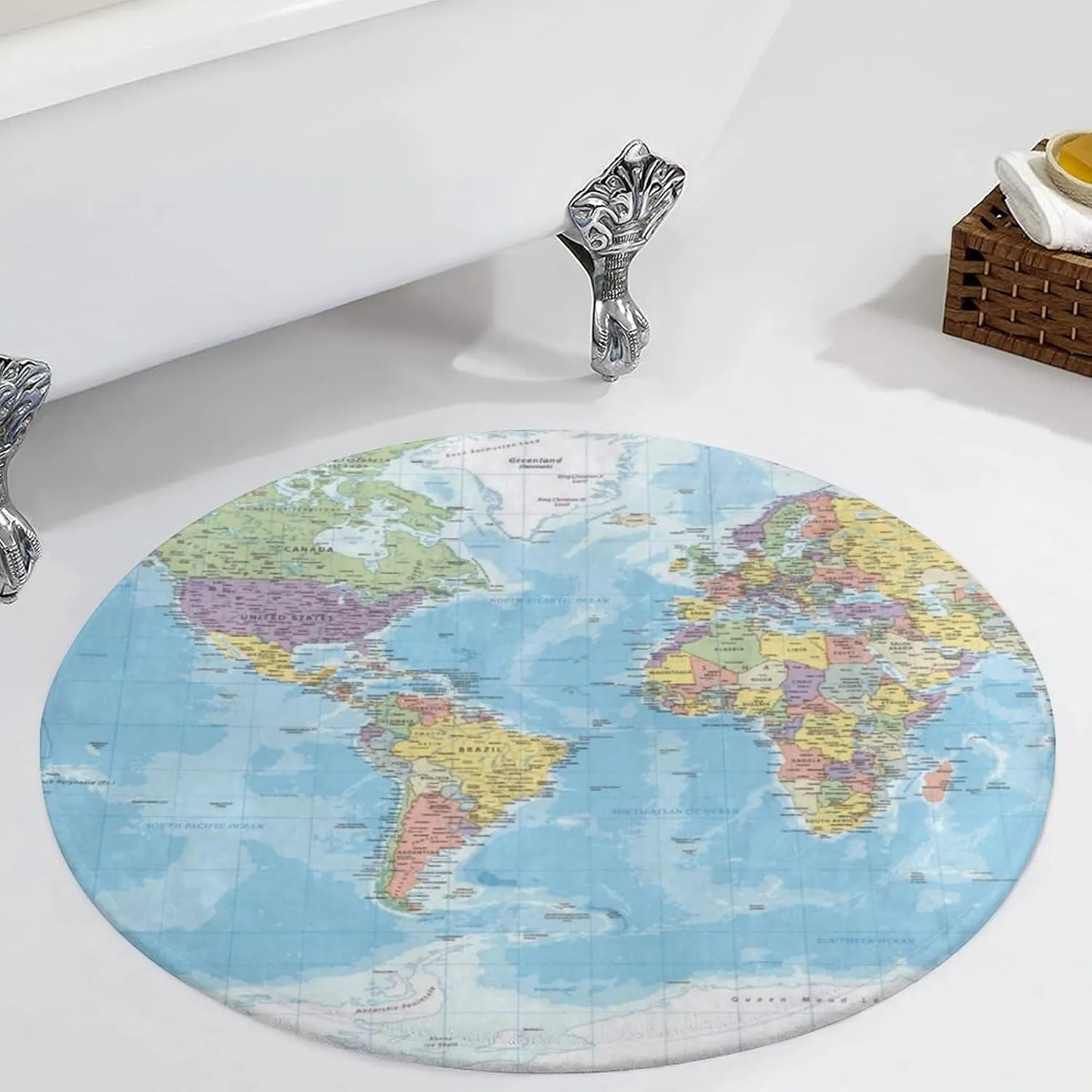 World Map Round Rug,4x4 Circle Area Rug for Kid's Bedroom, Soft Circular Rug for Kids Play Room, Non-Slip Home Decor Carpet for Teen's Room