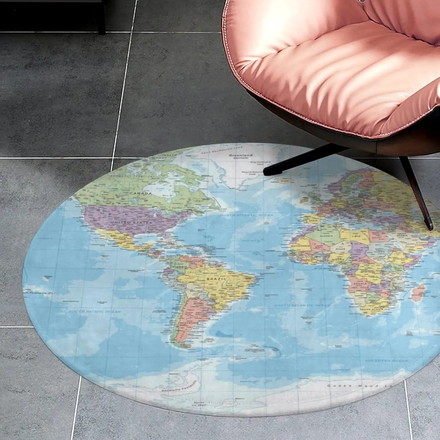 World Map Round Rug,4x4 Circle Area Rug for Kid's Bedroom, Soft Circular Rug for Kids Play Room, Non-Slip Home Decor Carpet for Teen's Room