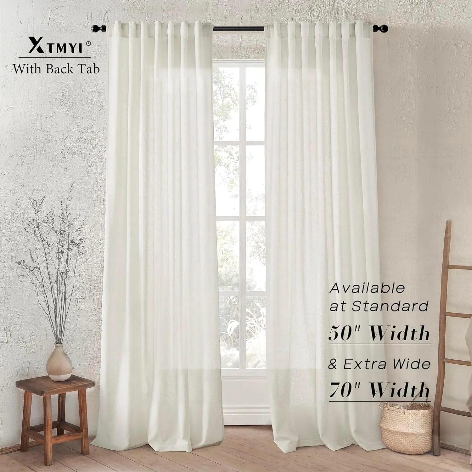 XTMYI 105 Inch Curtains 2 Panels Set Custom Length Back Tab Linen Window Sheer Curtain Drapes for Living Room Bedroom,50x105 in Long,Cream(Ivory/Off White)