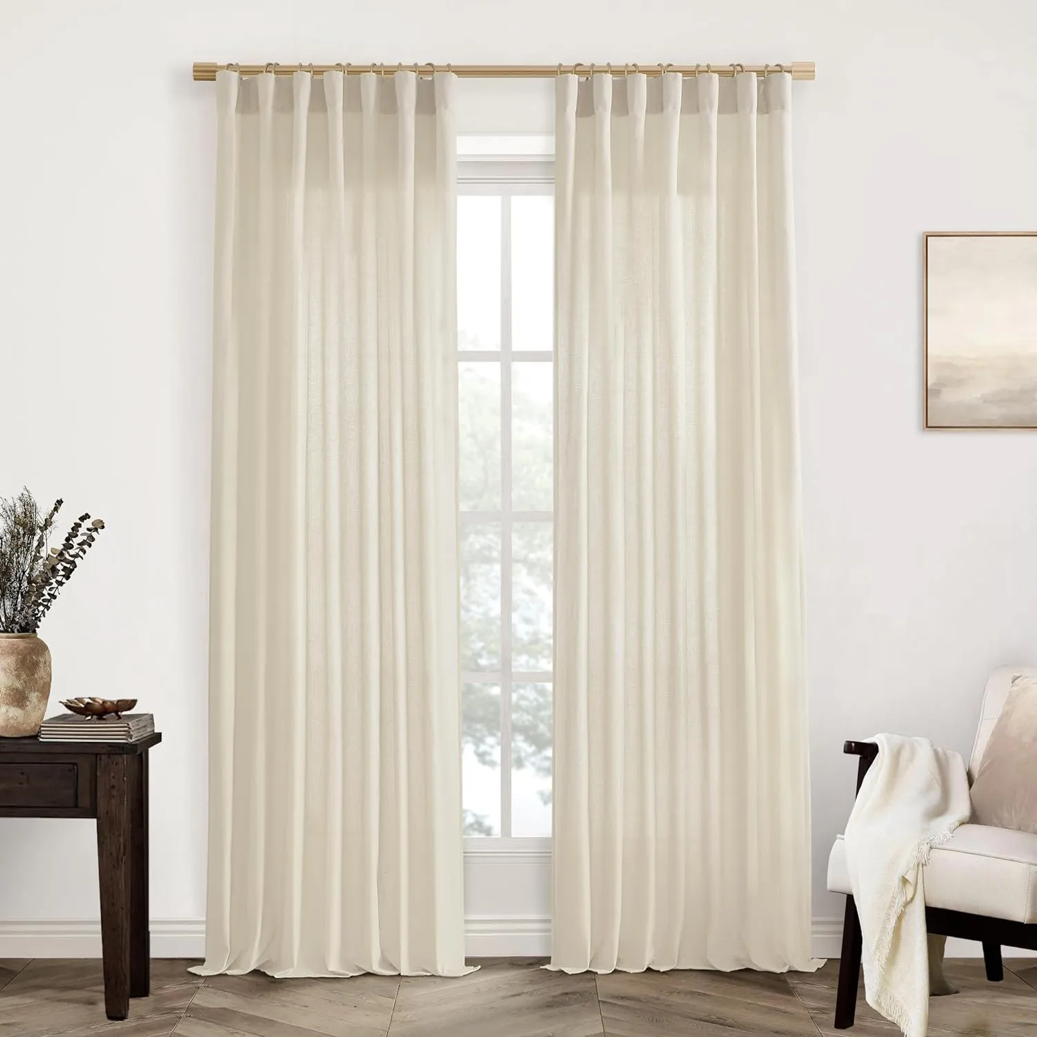 XTMYI Country Curtains for Living Room,96 Inches Long Beige Sheer Linen Shabby Chic Curtains for Bedroom
