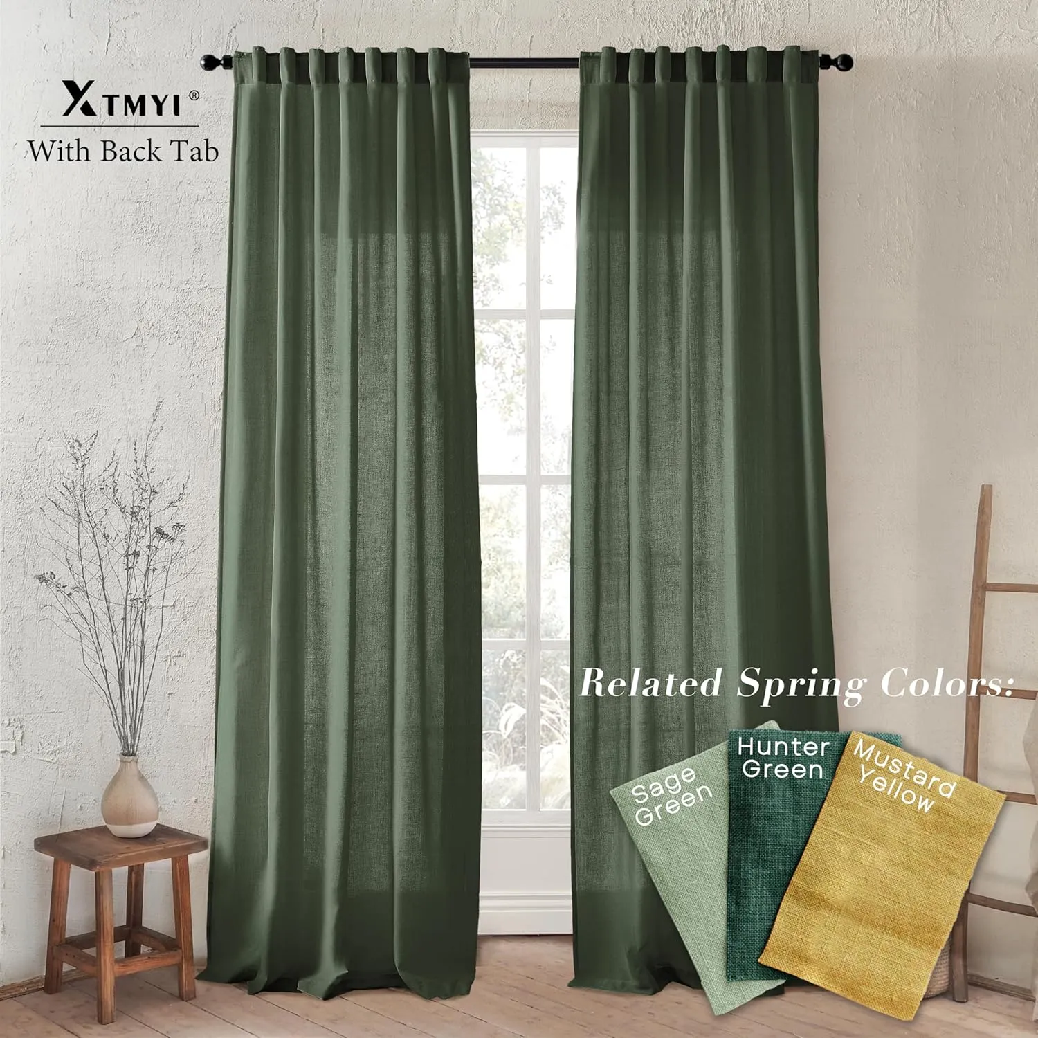 XTMYI Short Curtains for Bedroom,Pole Pocket Back Tab Linen Boho Small Curtain for Kitchen Shower Bathroom Window,54 Inch Length,Dark Olive Green