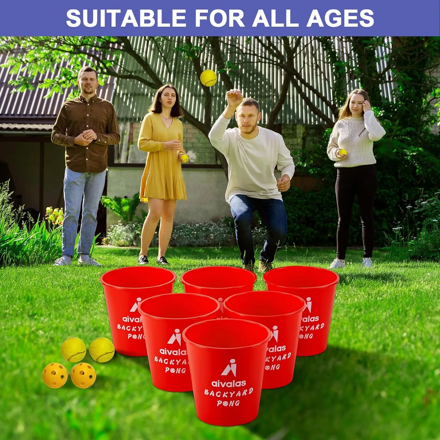 Yard Pong Outdoor Games, Giant Yard Games Set with 12 Buckets and Balls for Adults and Family, Toss Game Throwing Games for Beach, Camping, Lawn and Backyard