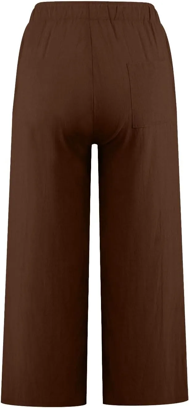 yardsong Capri Pants for Women Cotton Linen Summer Casual Cropped Pants Drawstring Elastic Waist Wide Leg Capris with Pockets
