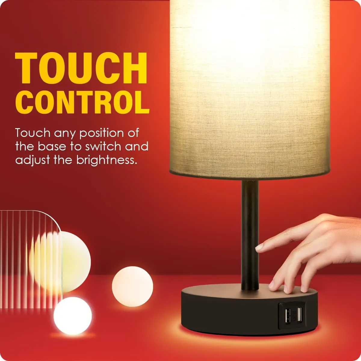 Yarra-Decor Bedside Lamps with USB Port - Touch Control Table Lamp for Bedroom 3 Way Dimmable Nightstand Lamp Set of 2 with Round Grey Fabric Shade for Living Room, Dorm, Home Office (Grey, 2 Pack)