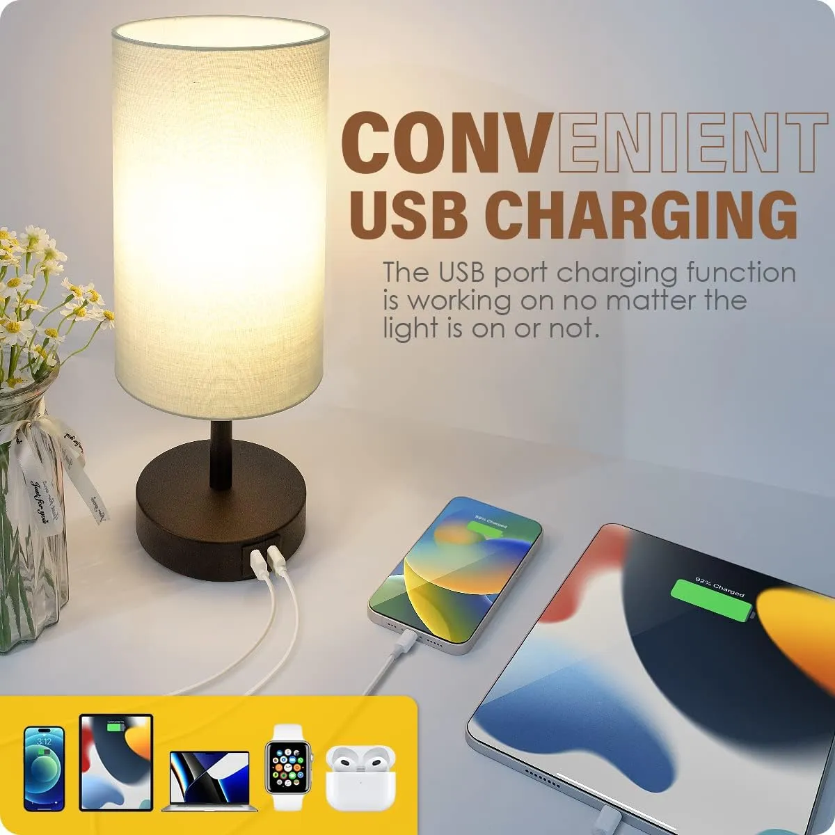 Yarra-Decor Bedside Lamps with USB Port - Touch Control Table Lamp for Bedroom 3 Way Dimmable Nightstand Lamp Set of 2 with Round Grey Fabric Shade for Living Room, Dorm, Home Office (Grey, 2 Pack)