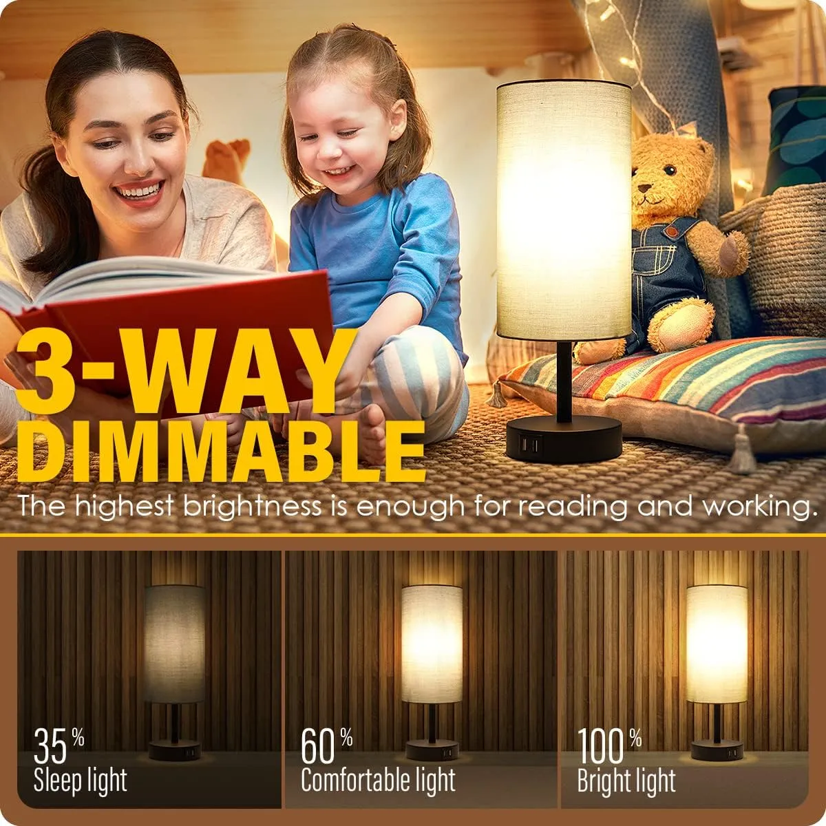 Yarra-Decor Bedside Lamps with USB Port - Touch Control Table Lamp for Bedroom 3 Way Dimmable Nightstand Lamp Set of 2 with Round Grey Fabric Shade for Living Room, Dorm, Home Office (Grey, 2 Pack)