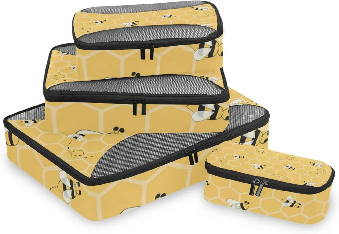 Yellow Honeycomb With Seamless Honey Bees 4 PCs Set Packing Bags, Luggage Organizer Bag, Portable Cube Toiletry bag, Durable Travel Cosmetic Storage Bag for Men Women