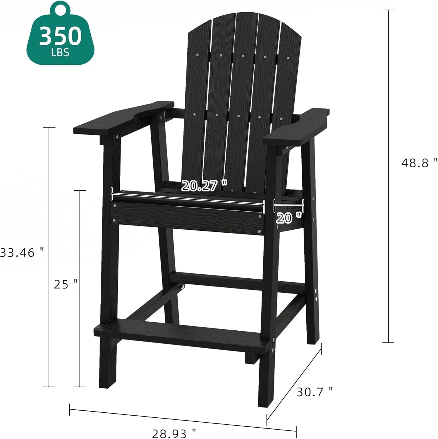 YITAHOME Tall Adirondack Chair Set of 2, Poly Bar Height Balcony Seating, HIPS High Back Outdoor Chairs, Bar Stools Lifeguard Chair for Balcony Deck Pool Patio, Black