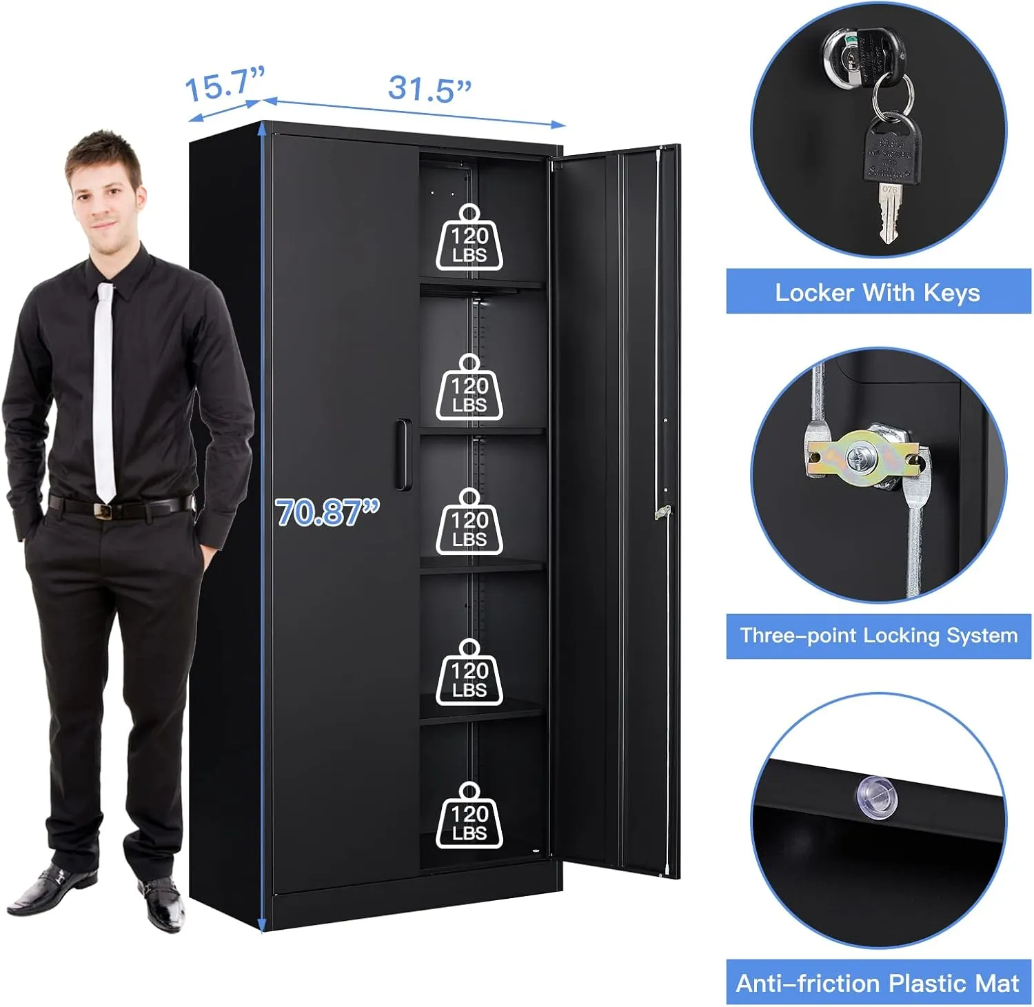 Yizosh Metal Garage Storage Cabinet with 2 Doors and 5 Adjustable Shelves - 71" Steel Lockable File Cabinet,Locking Tool Cabinets for Office,Home,Garage,Gym,School (Black)