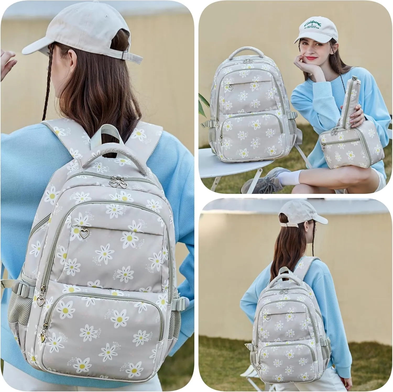 ZHANAO Daisy Backpack for Girls,Bookbag with Lunch Box Kids School Bag Set 3pcs Flower Girls Backpack Set School Daypack for Teens Girls