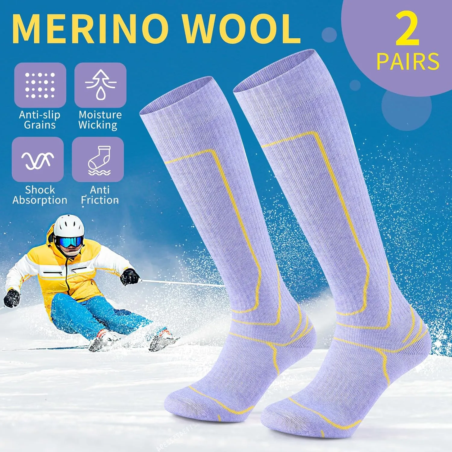 Zicac Merino Wool Ski Socks 2 Pairs for Women, Cold Weather Knee High Thermal Socks for Skiing, Snowboarding, Hiking, Camping