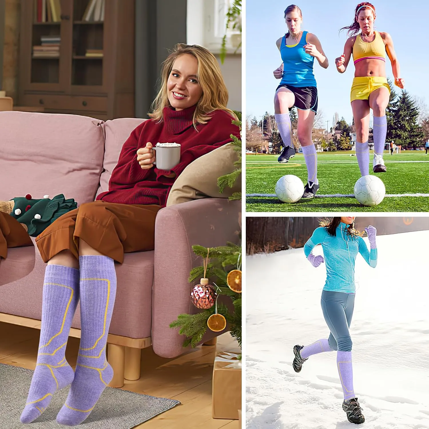 Zicac Merino Wool Ski Socks 2 Pairs for Women, Cold Weather Knee High Thermal Socks for Skiing, Snowboarding, Hiking, Camping