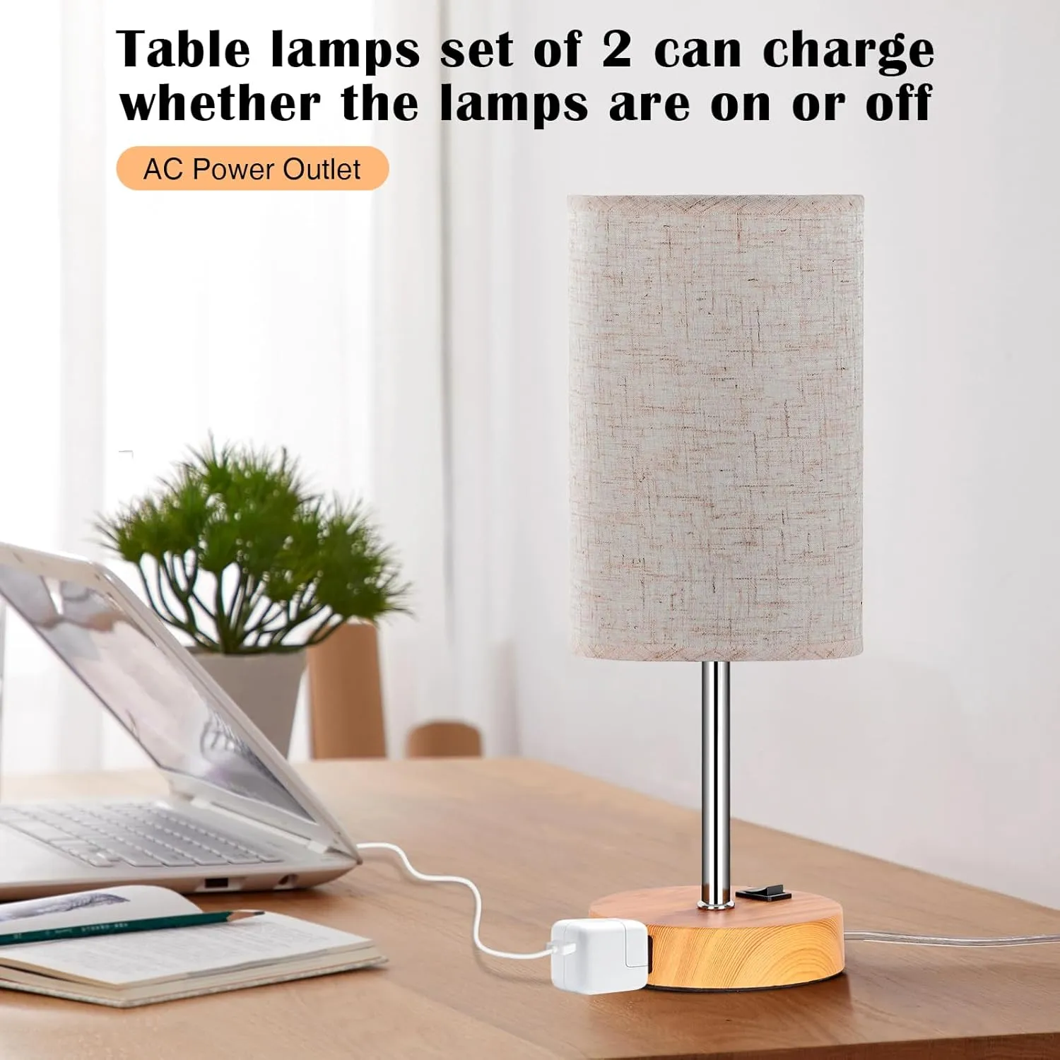 ZJOJO Table Lamp for Bedroom Set of 2, Bedside Small Lamps with 3 Way Dimmable Rocker Switch & AC Outlet, Nightstand Desk Lamp with Flaxen Fabric Shade Woodgrain Base for Living Room Home Decor Lights
