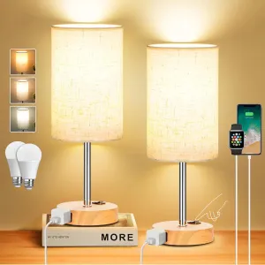ZJOJO Table Lamp for Bedroom Set of 2, Bedside Small Lamps with 3 Way Dimmable Rocker Switch & AC Outlet, Nightstand Desk Lamp with Flaxen Fabric Shade Woodgrain Base for Living Room Home Decor Lights