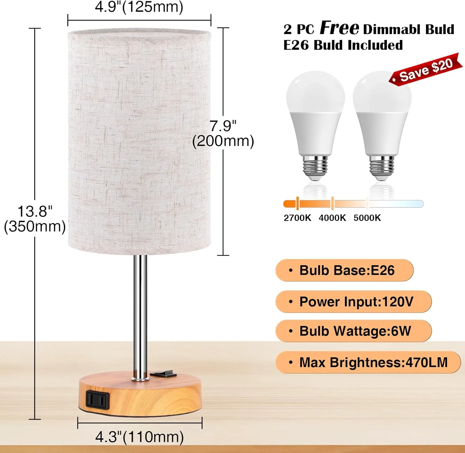 ZJOJO Table Lamp for Bedroom Set of 2, Bedside Small Lamps with 3 Way Dimmable Rocker Switch & AC Outlet, Nightstand Desk Lamp with Flaxen Fabric Shade Woodgrain Base for Living Room Home Decor Lights